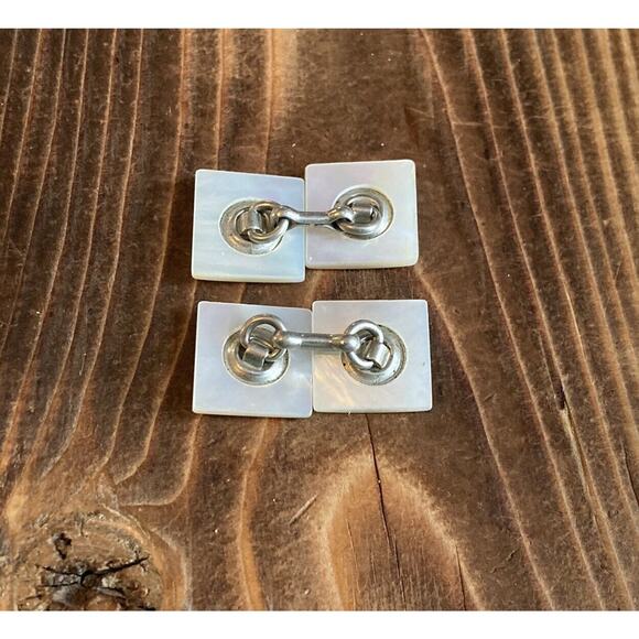 Vintage Men’s Square Mother of Pearl Chain Cufflinks Silver Tone - Picture 2 of 6